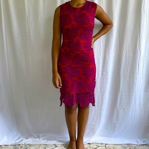 Red and Magenta Lace Midi Dress
